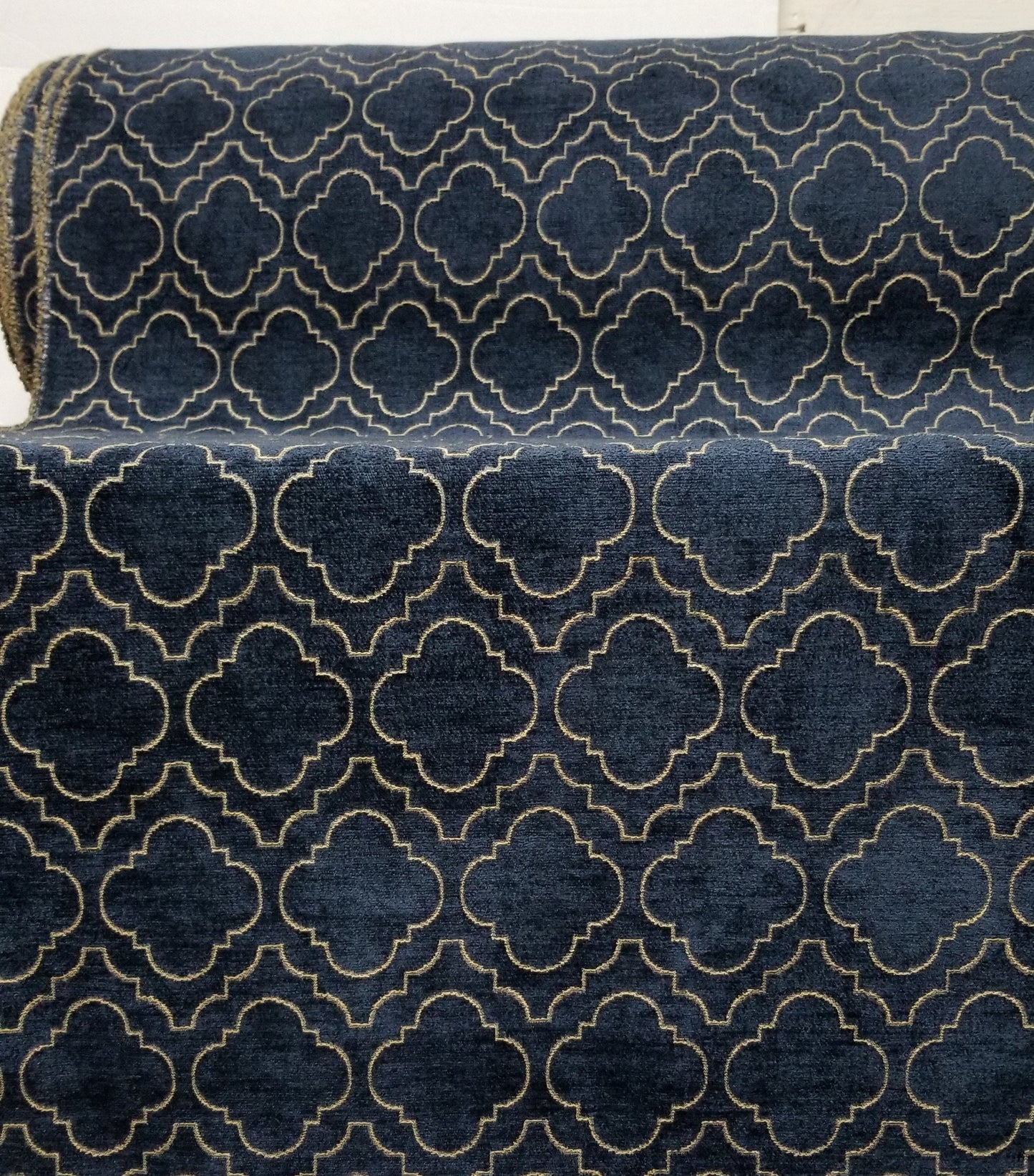 Chenille Diamond UPHOLSTERY Fabric Jacquard Damask, Color Blue/Gold,  58" wide , sold by yard in continuous yards