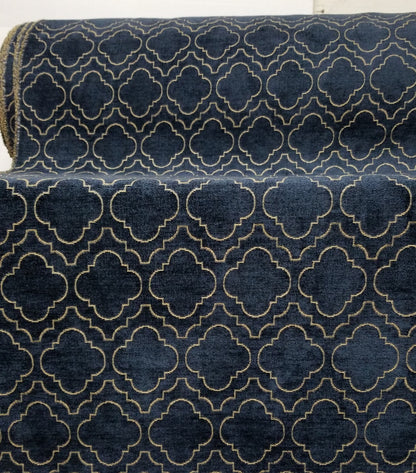 Chenille Diamond UPHOLSTERY Fabric Jacquard Damask, Color Blue/Gold,  58" wide , sold by yard in continuous yards