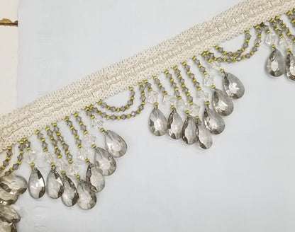 Beaded Trim Fringe 4'' L, W/Gimp Top Sold by The Yard - smoke Silver/ivory color,  Brand: ad fabric