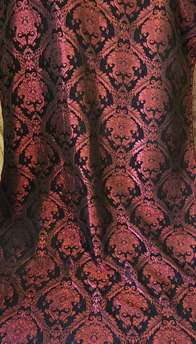 Chenille BAROQUE UPHOLSTERY Fabric Jacquard Damask, 58" wide ,color Red/Black, Reversible, sold by yard in continuous yards