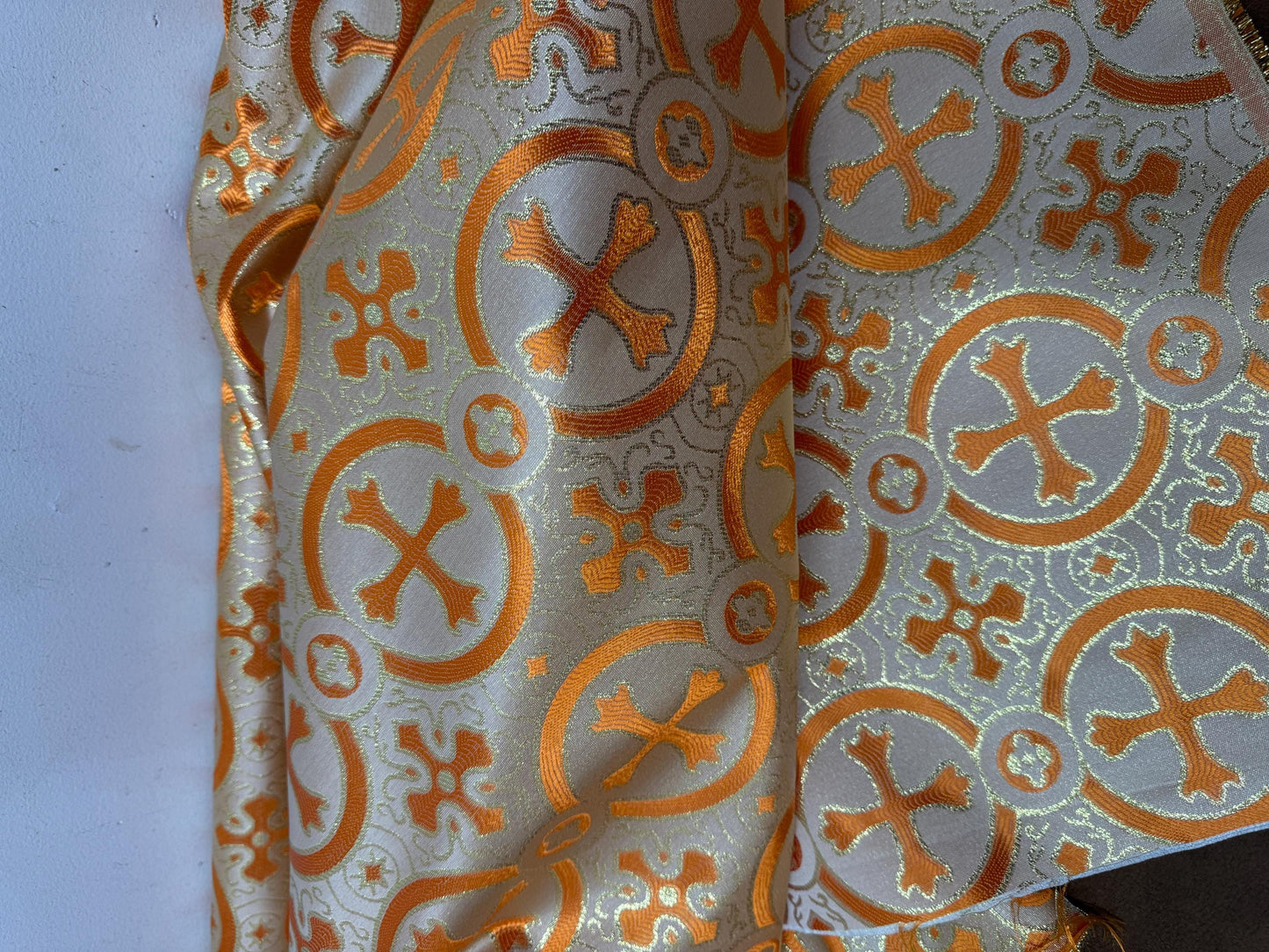 Liturgical Brocade,Church Gorgeous Cross acetate brocade Fabric Cross Brocade Orange/Gold 58" Wide