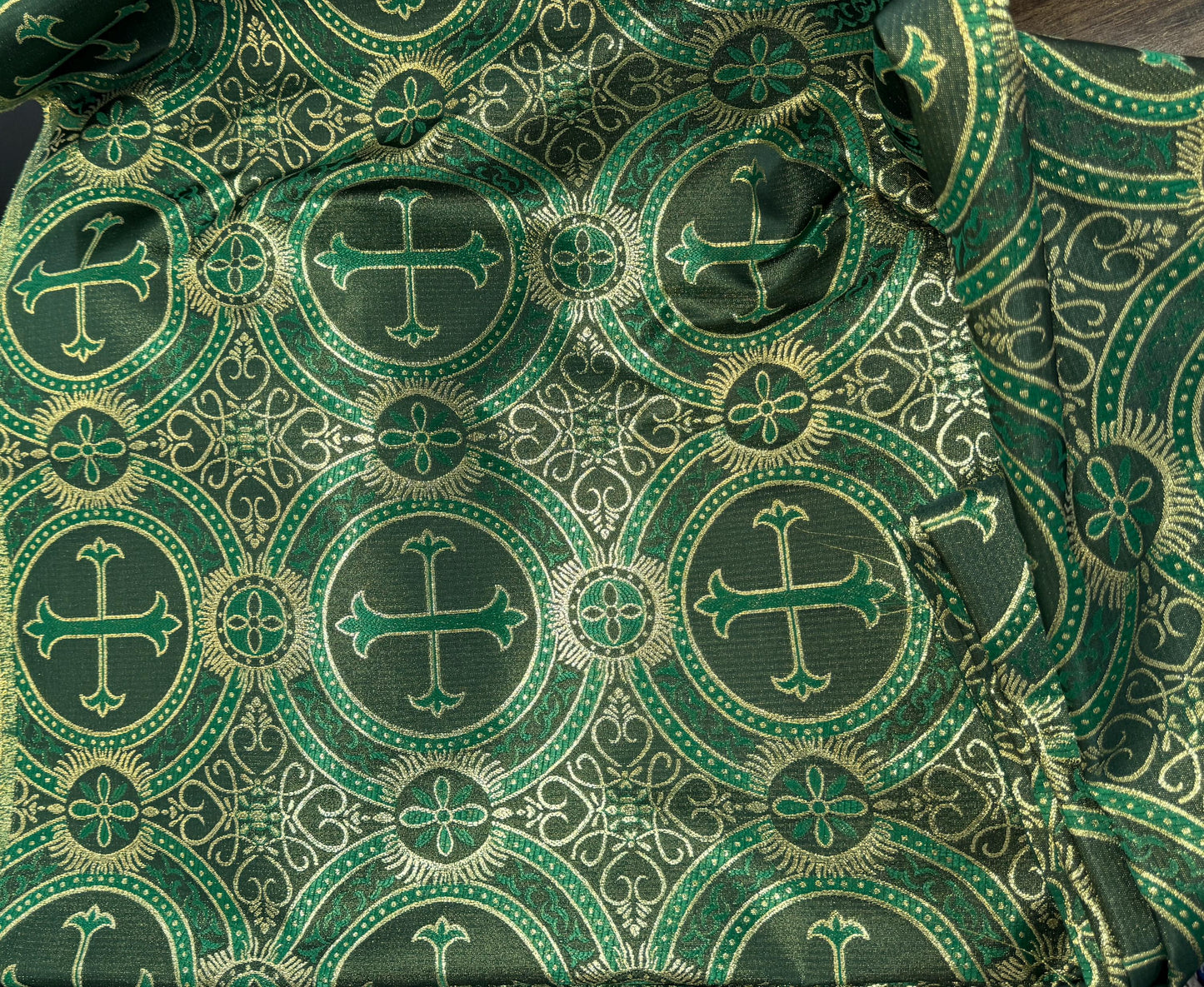 Liturgical Brocade,Church Gorgeous Cross acetate brocade Fabric Cross Brocade Hunter Green/Gold 58" Wide