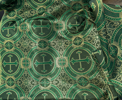 Liturgical Brocade,Church Gorgeous Cross acetate brocade Fabric Cross Brocade Hunter Green/Gold 58" Wide