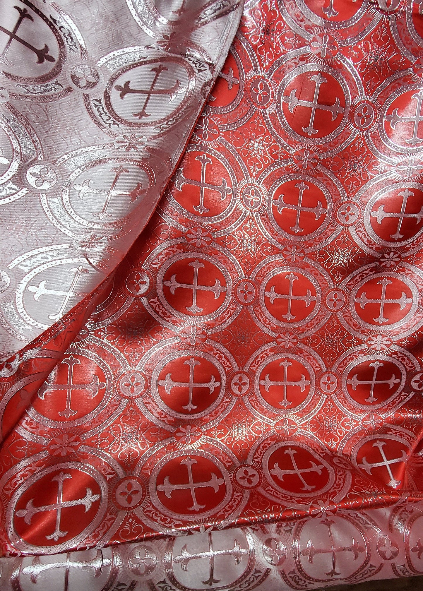Liturgical Brocade,Church Gorgeous Cross acetatebrocade Fabric Cross Brocade Red/Silver  52" Wide
