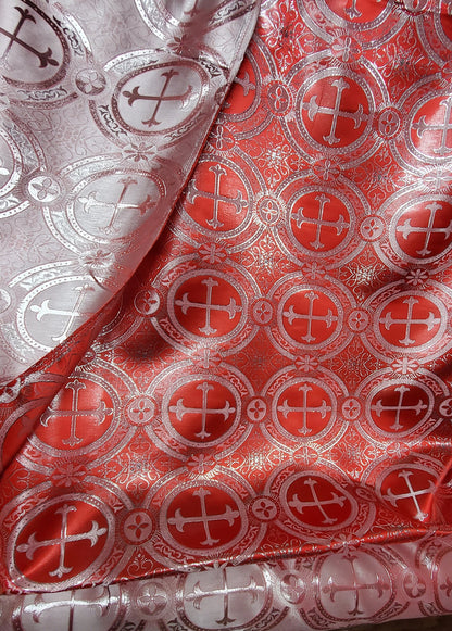 Liturgical Brocade,Church Gorgeous Cross acetatebrocade Fabric Cross Brocade Red/Silver  52" Wide