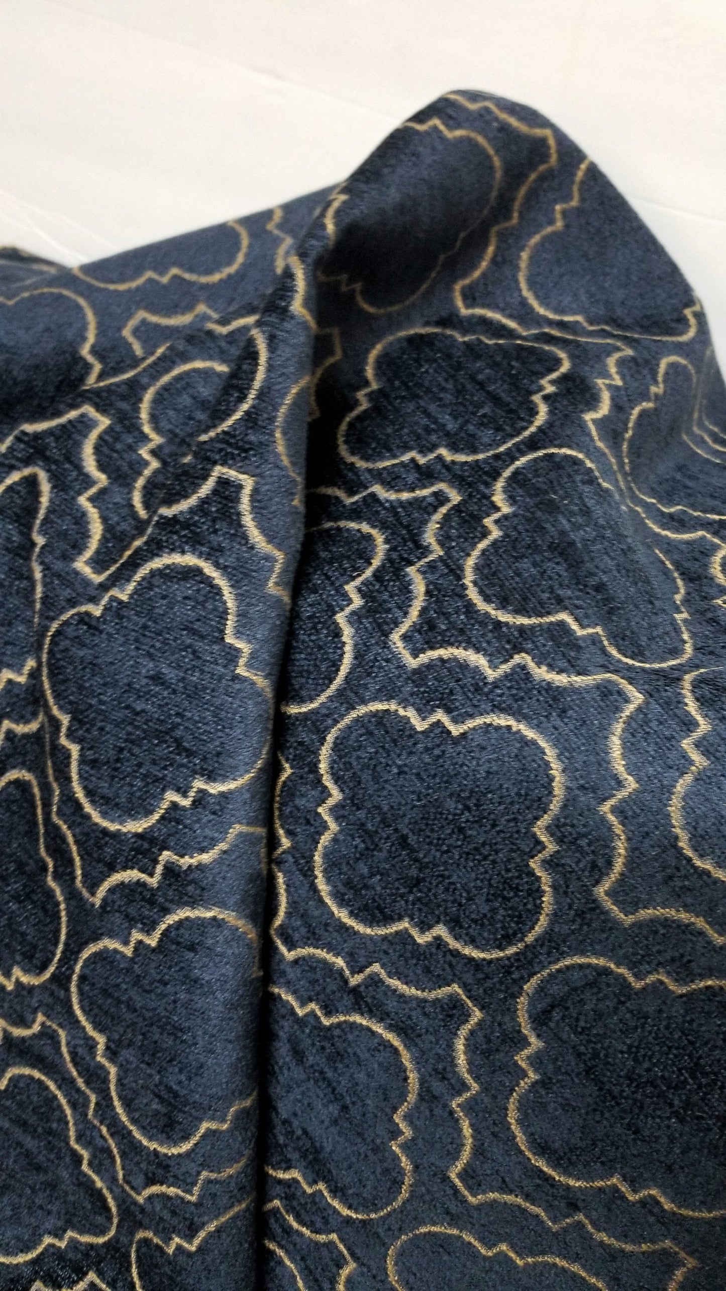Chenille Diamond UPHOLSTERY Fabric Jacquard Damask, Color Blue/Gold,  58" wide , sold by yard in continuous yards