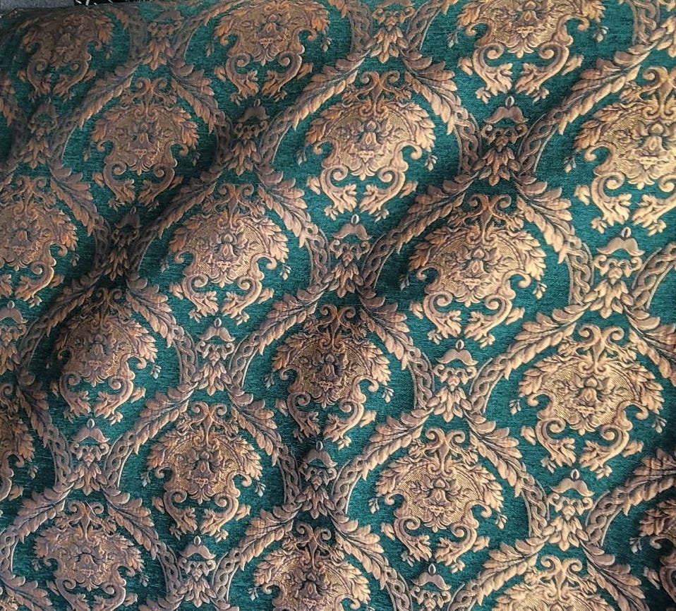 Chenille BAROQUE UPHOLSTERY Fabric Jacquard Damask, 58" wide ,color Green/gold, Reversible, sold by yard in continuous yards
