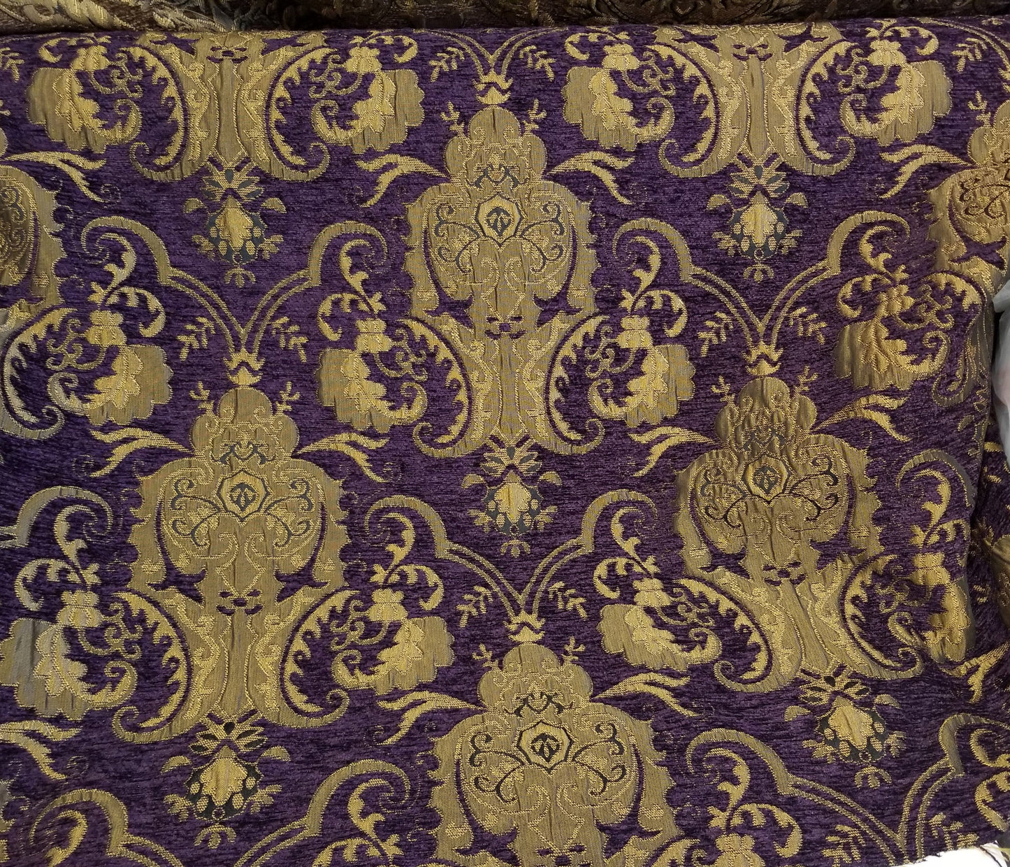Chenille BAROQUE UPHOLSTERY Fabric Jacquard Damask, 58" wide ,color purple/gold, sold by yard in continuous yards