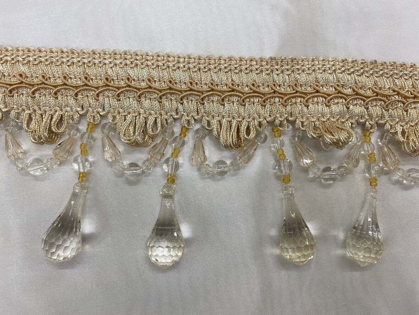 3.5” Tear Drop Beaded Trim Fringe Gimp Top Sold By The Yard Taupe / Clear Ivory Tassel Trim Fringe Fabric  for Decoration