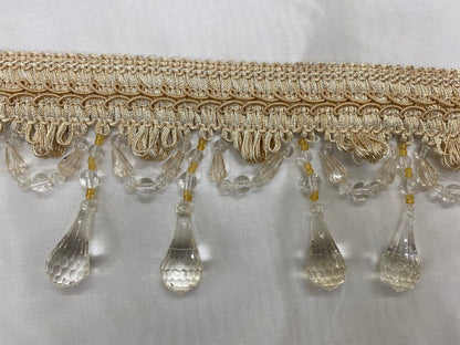 3.5” Tear Drop Beaded Trim Fringe Gimp Top Sold By The Yard Taupe / Clear Ivory Tassel Trim Fringe Fabric  for Decoration