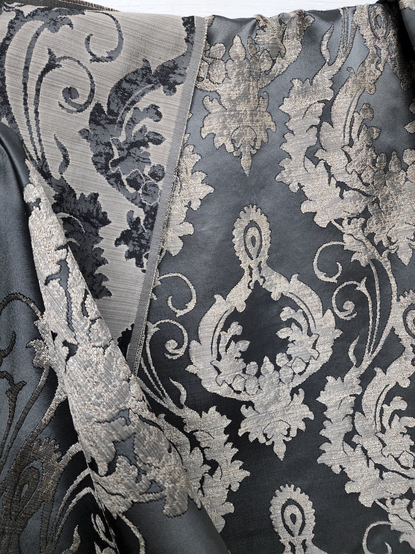 Damask Satin Drapery Upholstery Fabric - Dark gray, Jacquard Brocade, Luxury elegant victorya Classic Fabric 60" Wide,  Sold by Yard