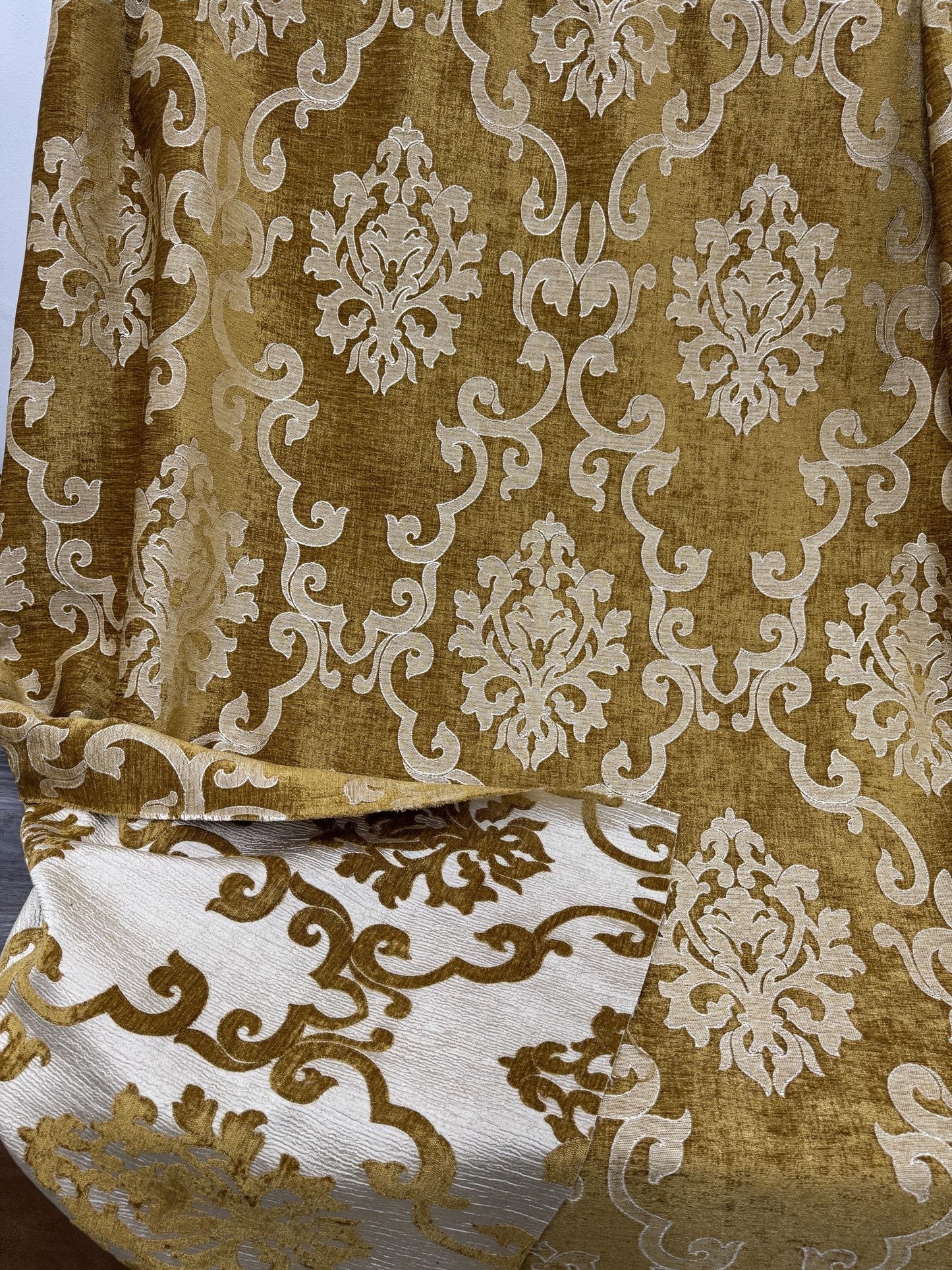 Chenille BAROQUE UPHOLSTERY Fabric Jacquard Damask, 58" wide ,color Cream/Gold sold by yard in continuous yards