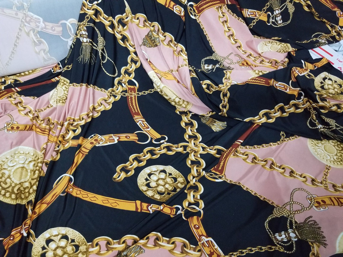 2 Way Stretch DTY Sided Brushed, Chains, Mauve/Black Print Design Poly Spandex  58" wide, sold by yard in continuous yards