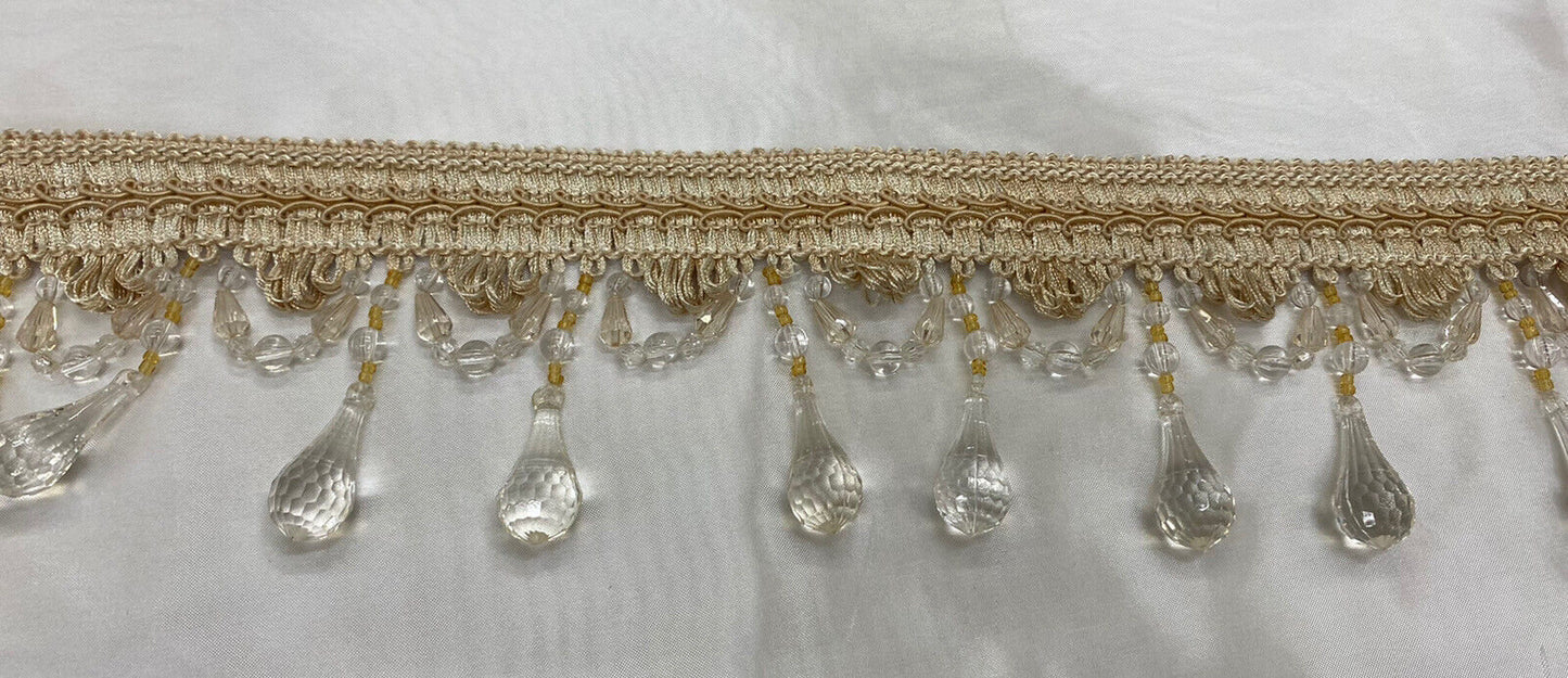 3.5” Tear Drop Beaded Trim Fringe Gimp Top Sold By The Yard Taupe / Clear Ivory Tassel Trim Fringe Fabric  for Decoration