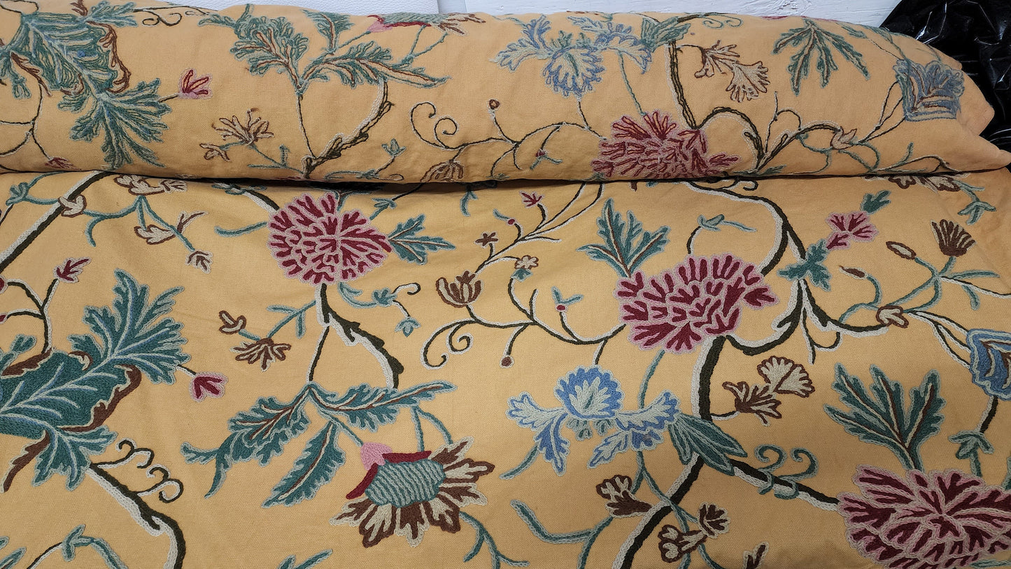 Scalamandre ” Almora Crewel Yellow Chinoisery Tree Peony Floral Embroidery, sold by yard