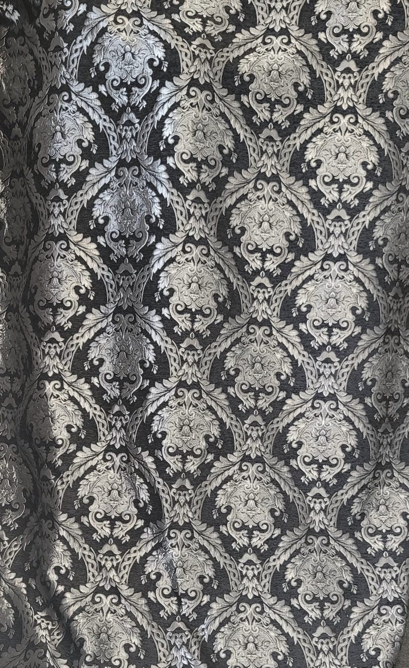 Chenille BAROQUE UPHOLSTERY Fabric Jacquard Damask, 58" wide ,color Black/Silver, Reversible, sold by yard in continuous yards