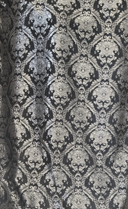 Chenille BAROQUE UPHOLSTERY Fabric Jacquard Damask, 58" wide ,color Black/Silver, Reversible, sold by yard in continuous yards