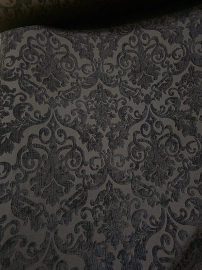 Chenille Fabric Upholstery,  Damask Burnout Chenille Velvet ,Jacquard Damask, 54" wide, color Black/Black , sold by yard in continuous yards
