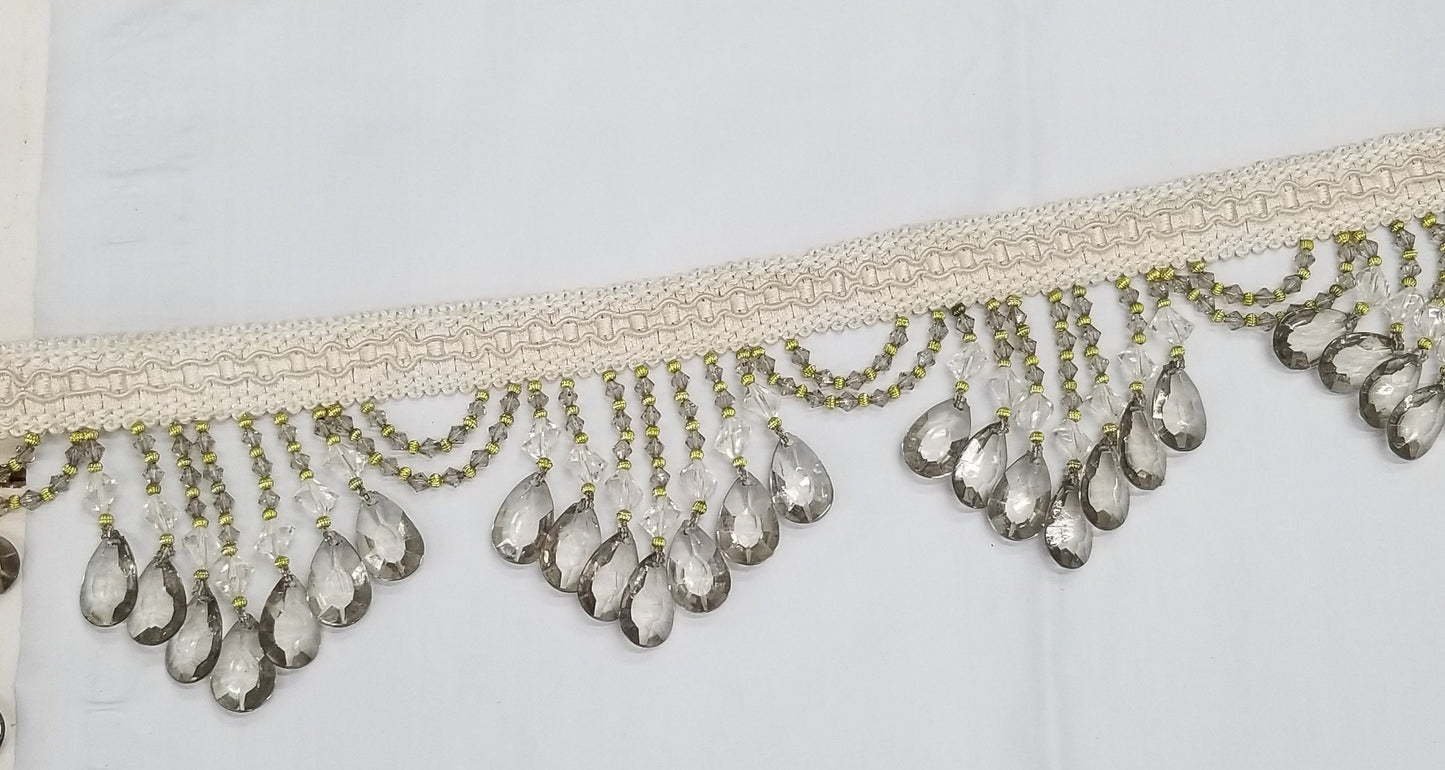 Beaded Trim Fringe 4'' L, W/Gimp Top Sold by The Yard - smoke Silver/ivory color,  Brand: ad fabric