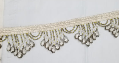 Beaded Trim Fringe 4'' L, W/Gimp Top Sold by The Yard - smoke Silver/ivory color,  Brand: ad fabric