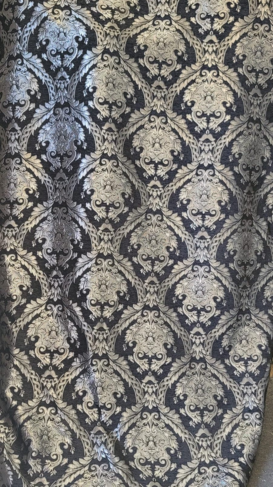 Chenille BAROQUE UPHOLSTERY Fabric Jacquard Damask, 58" wide ,color Black/Silver, Reversible, sold by yard in continuous yards