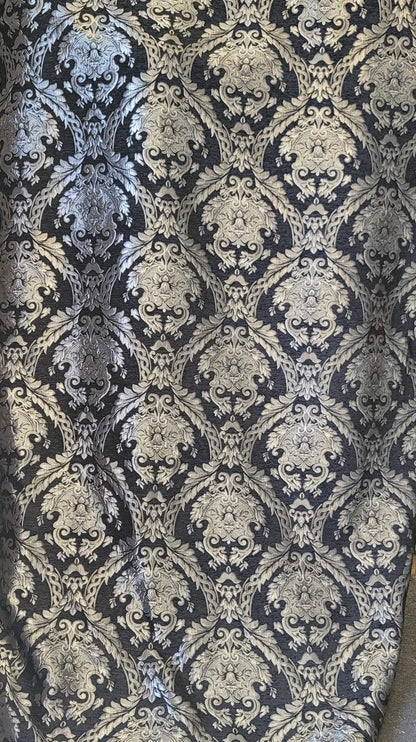 Chenille BAROQUE UPHOLSTERY Fabric Jacquard Damask, 58" wide ,color Black/Silver, Reversible, sold by yard in continuous yards