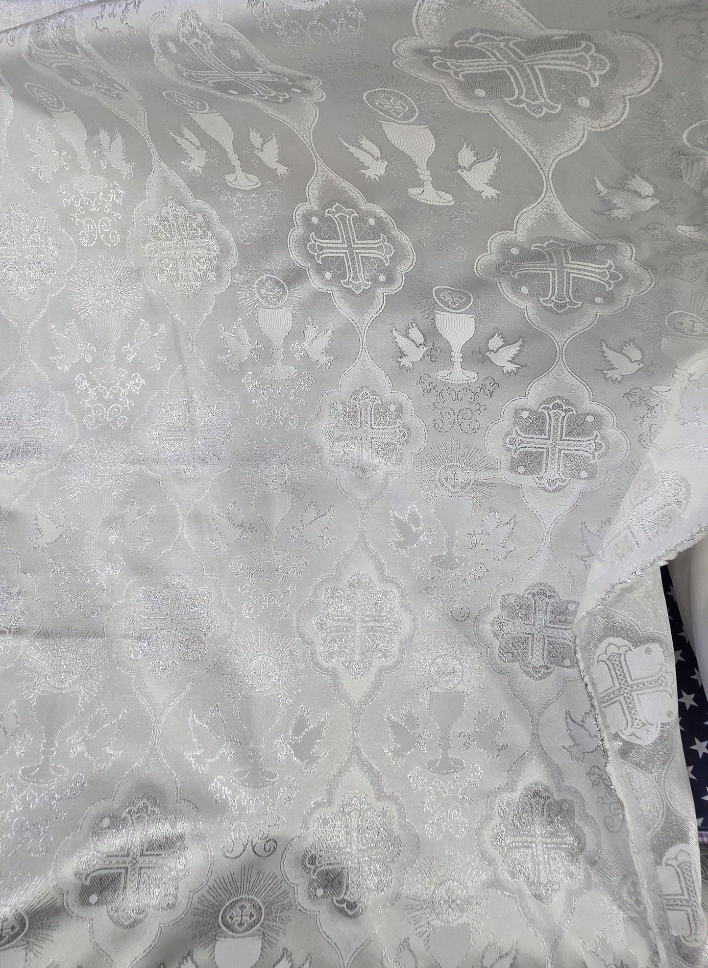 Liturgical Brocade,Church Gorgeous Cross acetate brocade Fabric Cross Brocade white/silver 52" Wide
