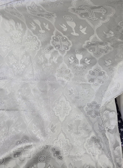 Liturgical Brocade,Church Gorgeous Cross acetate brocade Fabric Cross Brocade white/silver 52" Wide