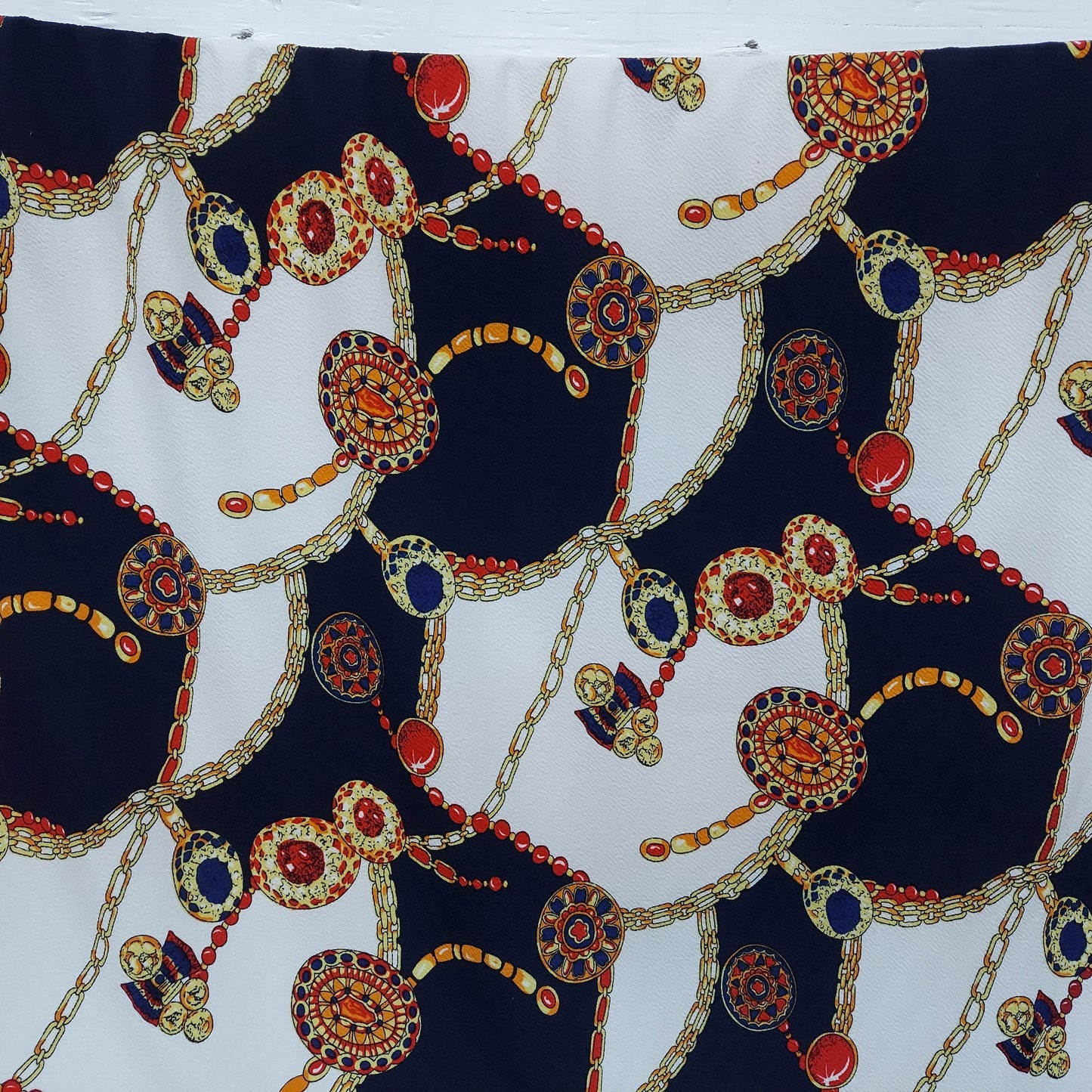 ad Ornaments Inspired design New Liverpool fabric Chains & Medallions High Fashion Inspired Design Print Fabric sold By The Yard