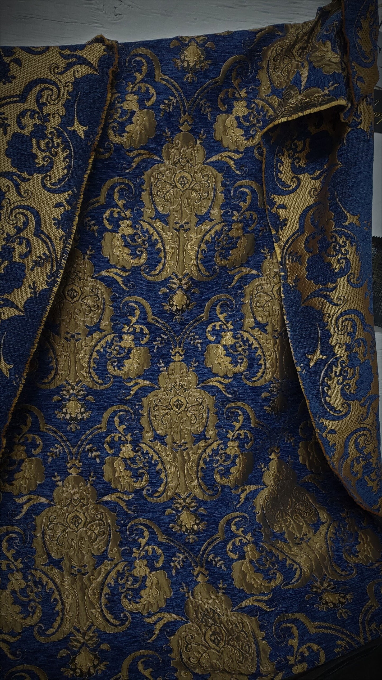 Chenille BAROQUE UPHOLSTERY Fabric Jacquard Damask, 58" wide ,color Blue/Gold, sold by yard in continuous yards