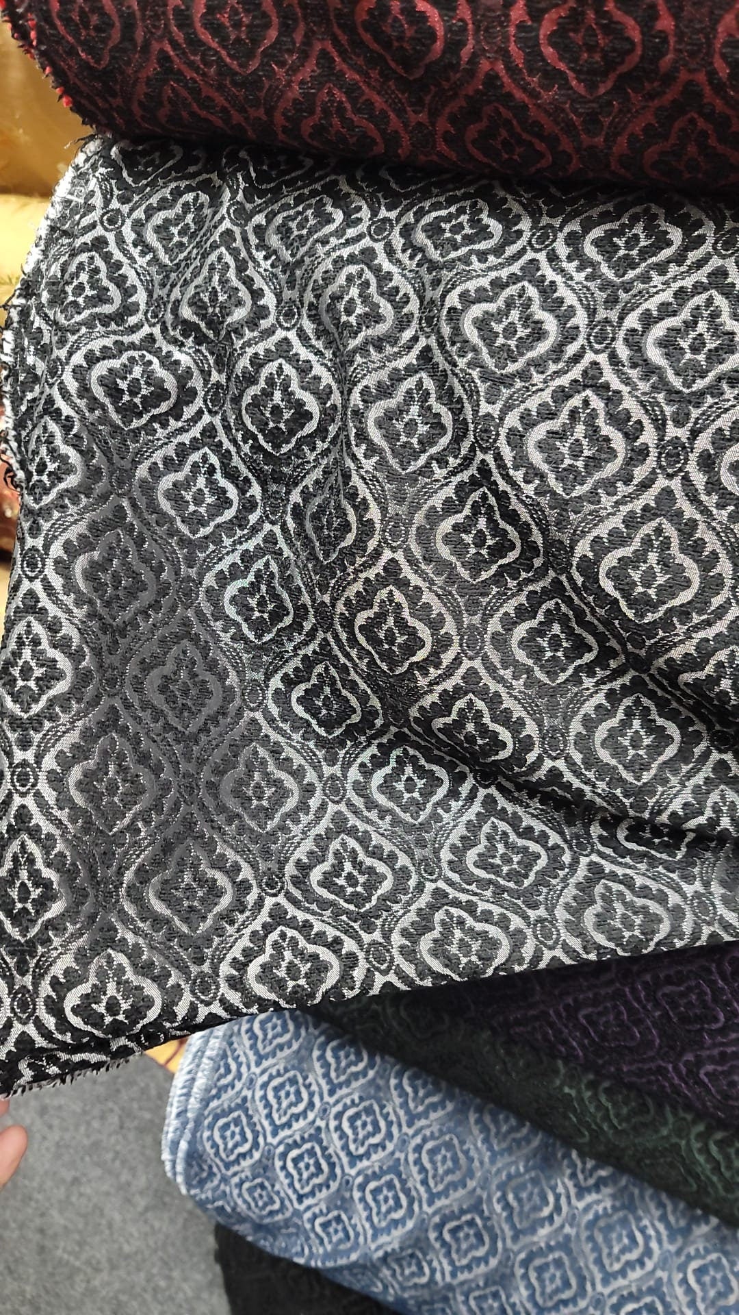 Damask Burnout Chenille  Fabric - Black/. Silver,- Upholstery 54" wide, sold by yard