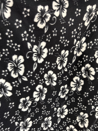 Hawaiian White Hibiscus Foliage Black Fleece Fabric / 60" Wide/Sold by The Yard