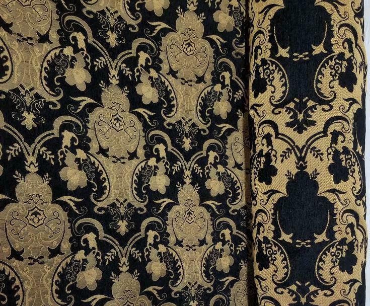 Chenille  Fabric, BAROQUE UPHOLSTERY, Fabric Jacquard Chenille Damask, black/Gold  color , sold by yard in continuous yards