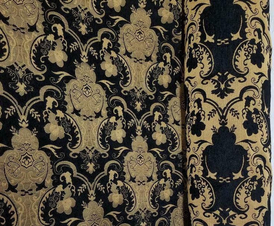 Chenille  Fabric, BAROQUE UPHOLSTERY, Fabric Jacquard Chenille Damask, black/Gold  color , sold by yard in continuous yards