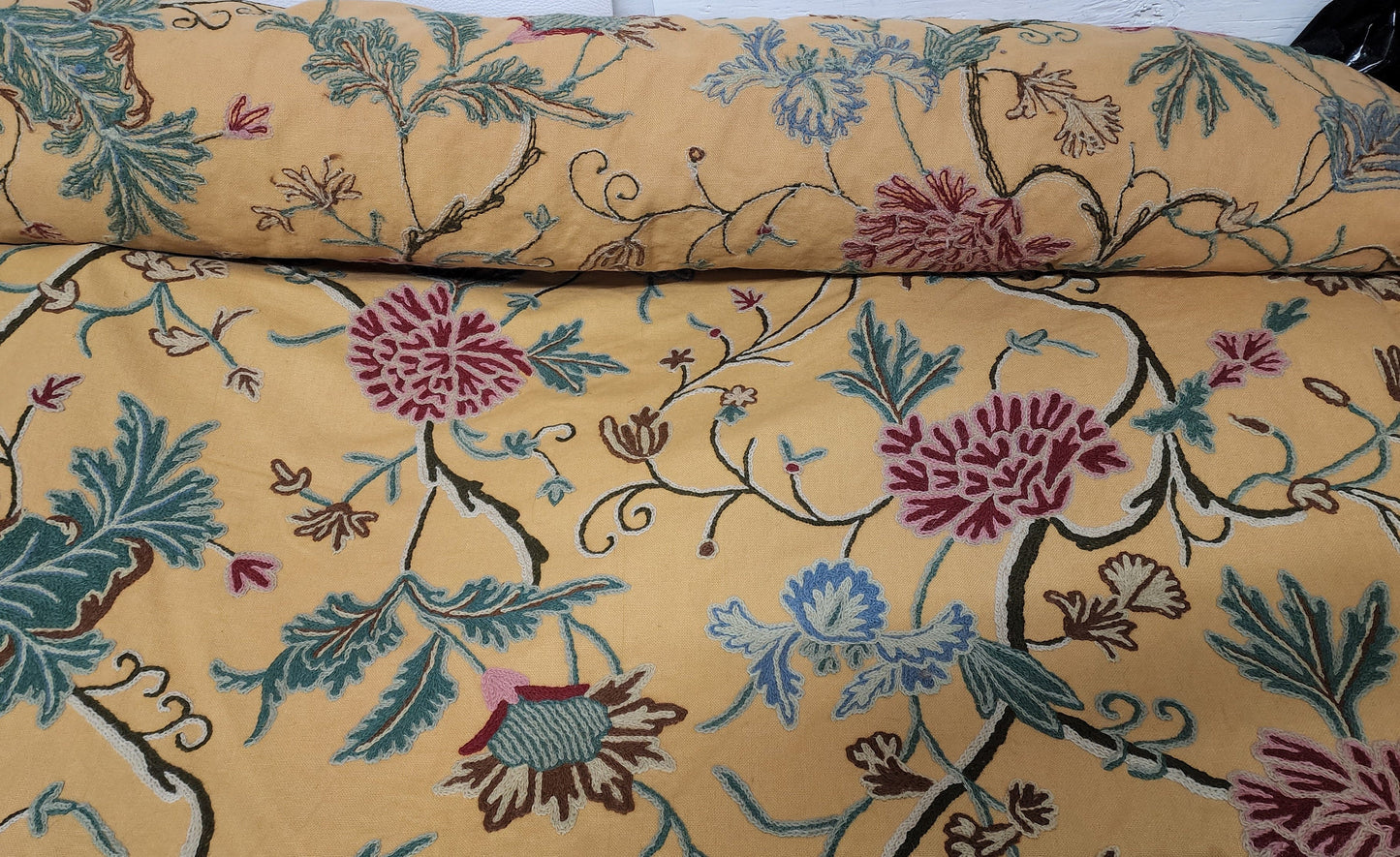 Scalamandre ” Almora Crewel Yellow Chinoisery Tree Peony Floral Embroidery, sold by yard