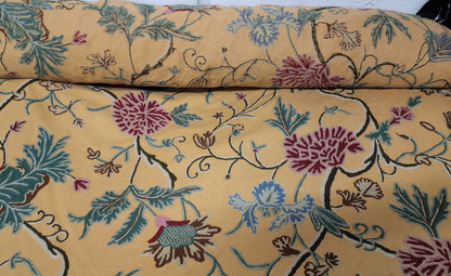 Scalamandre ” Almora Crewel Yellow Chinoisery Tree Peony Floral Embroidery, sold by yard