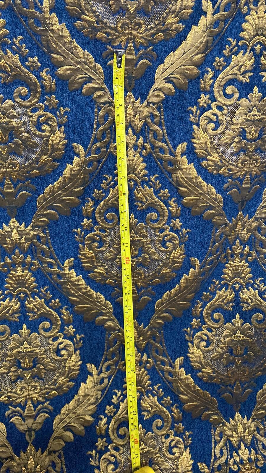 Damask chenille fabric - upholstery fabric, Blue/gold - 54" width - sold by yard