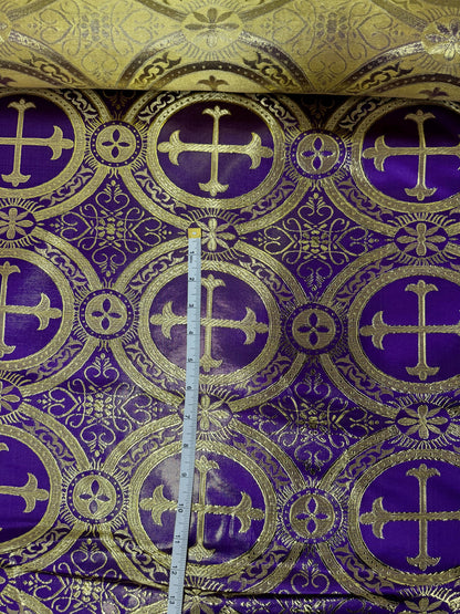 Liturgical Brocade,Church Gorgeous Cross acetatebrocade Fabric Cross Brocade Purple/Goldr 52" Wide