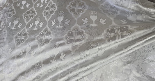 Liturgical Brocade,Church Gorgeous Cross acetate brocade Fabric Cross Brocade white/silver 52" Wide
