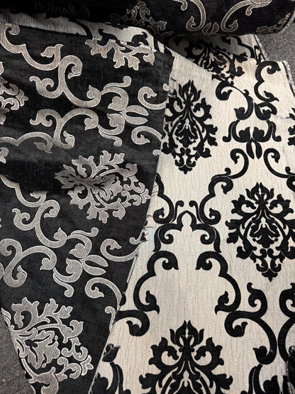 Chenille BAROQUE UPHOLSTERY Fabric Jacquard Damask, 58" wide ,color Black/silver sold by yard in continuous yards