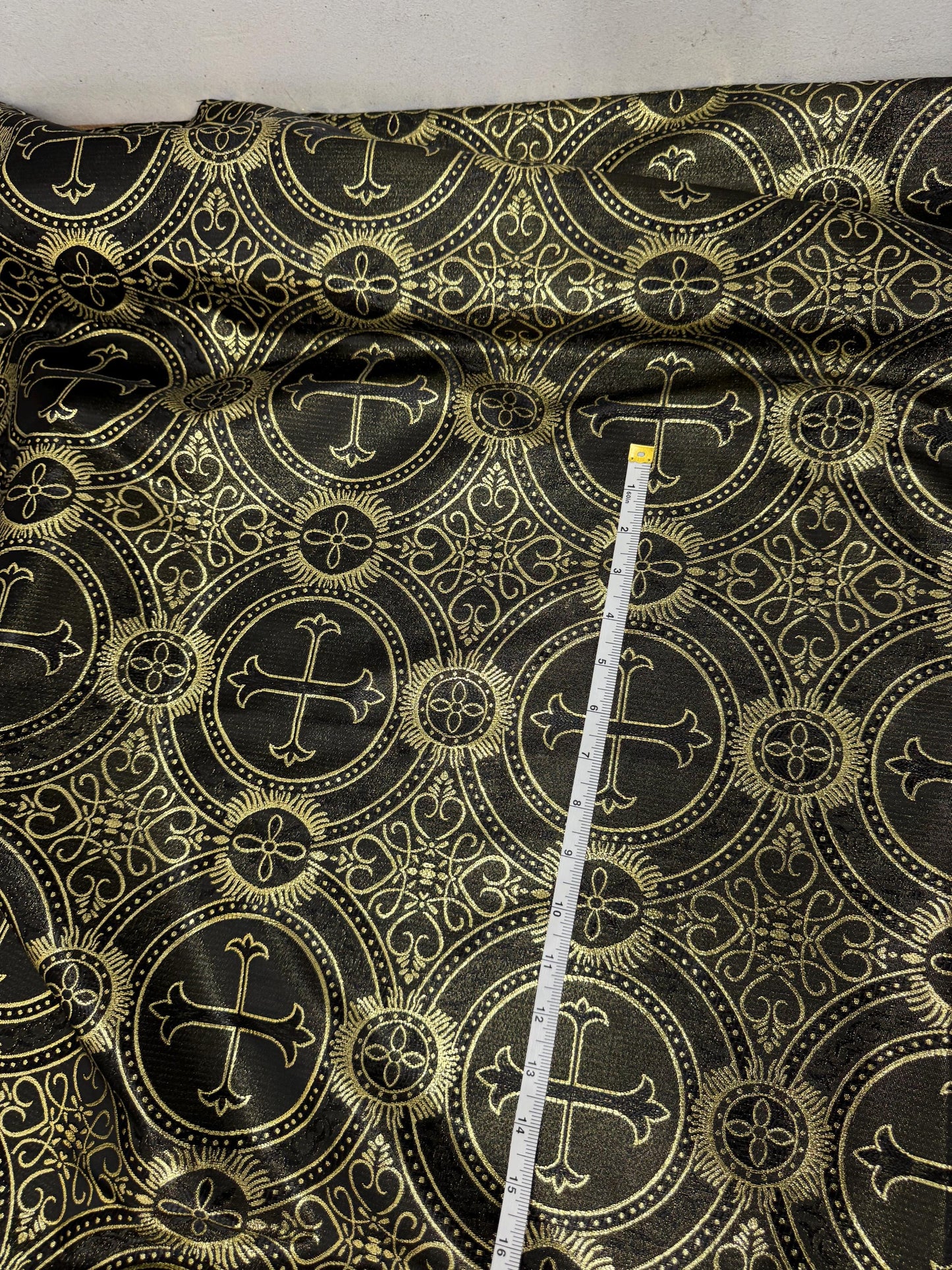 Liturgical Brocade,Church Gorgeous Cross acetate brocade Fabric Cross Brocade Black/Gold 58" Wide