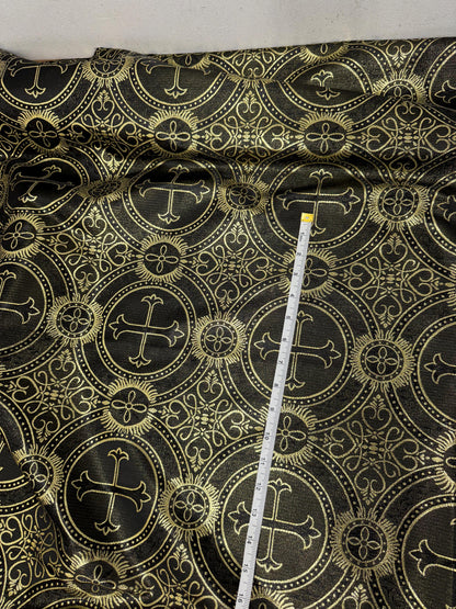 Liturgical Brocade,Church Gorgeous Cross acetate brocade Fabric Cross Brocade Black/Gold 58" Wide