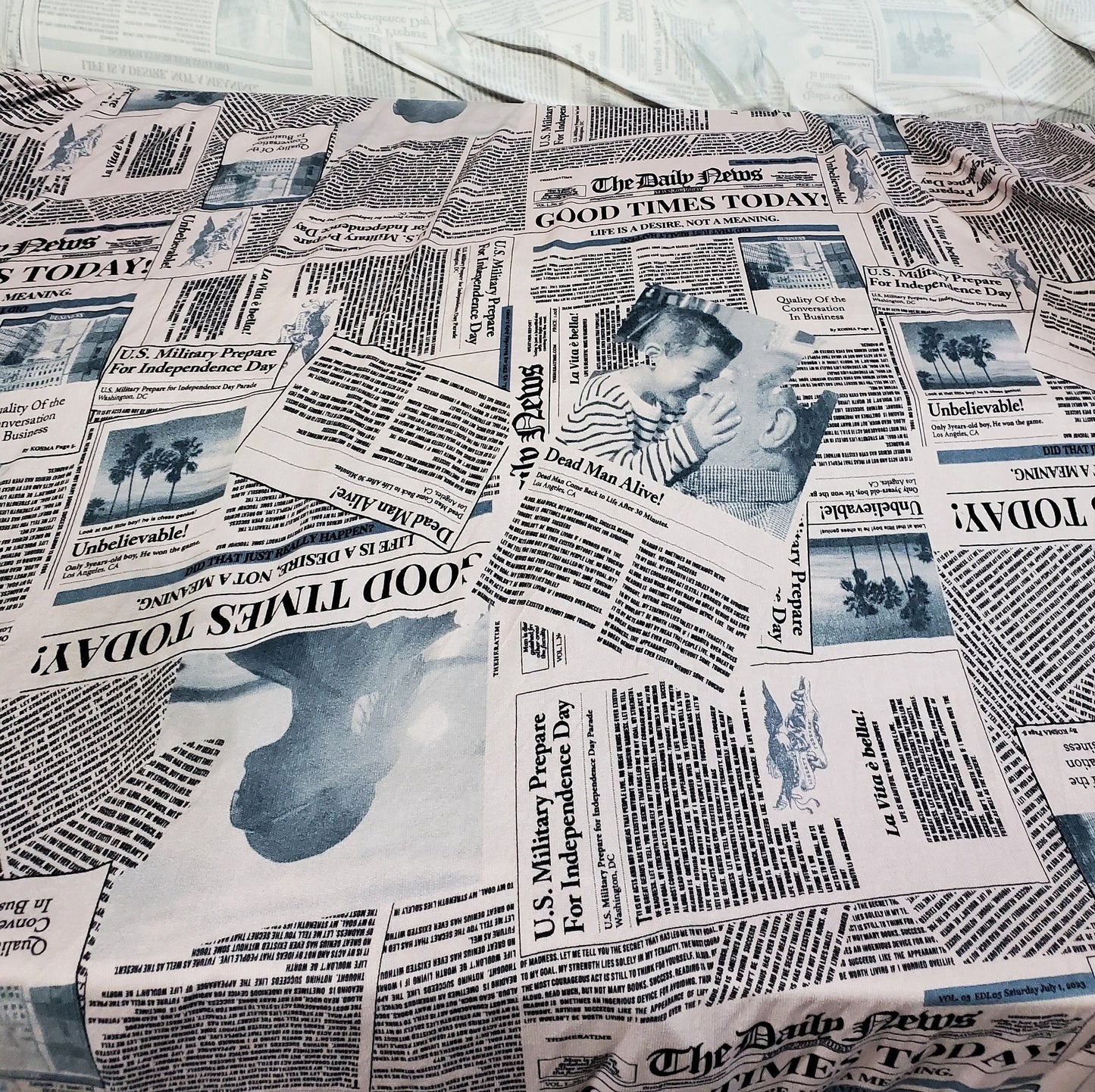 Blue and White Newspaper Fashion Print Cotton Spandex 58" Wide