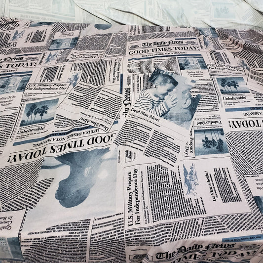 Blue and White Newspaper Fashion Print Cotton Spandex 58" Wide