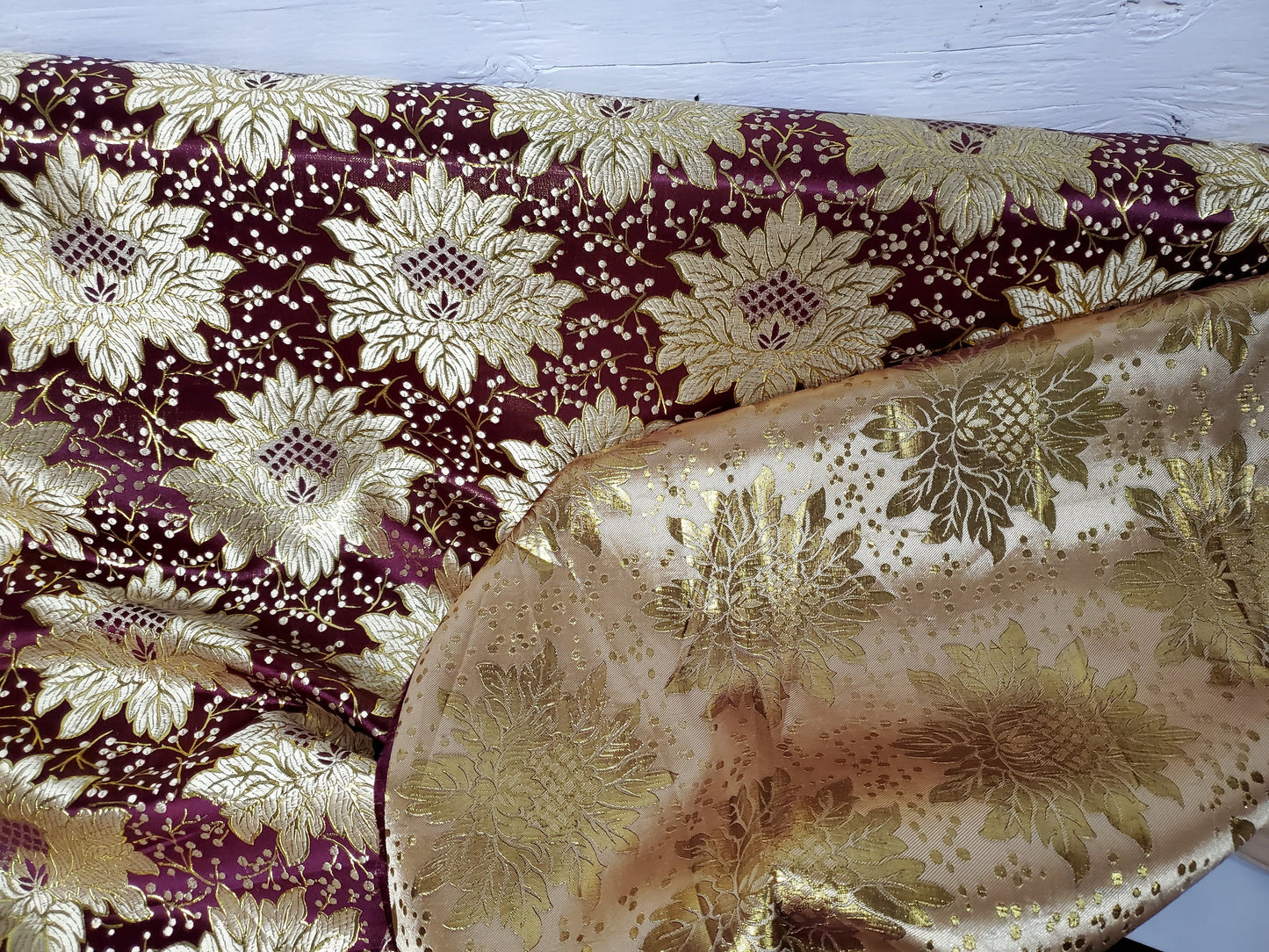 Floral Metallic Brocade, Burgundy/ Gold,  Fabric, 58" wide, sold by yard in continuous yards