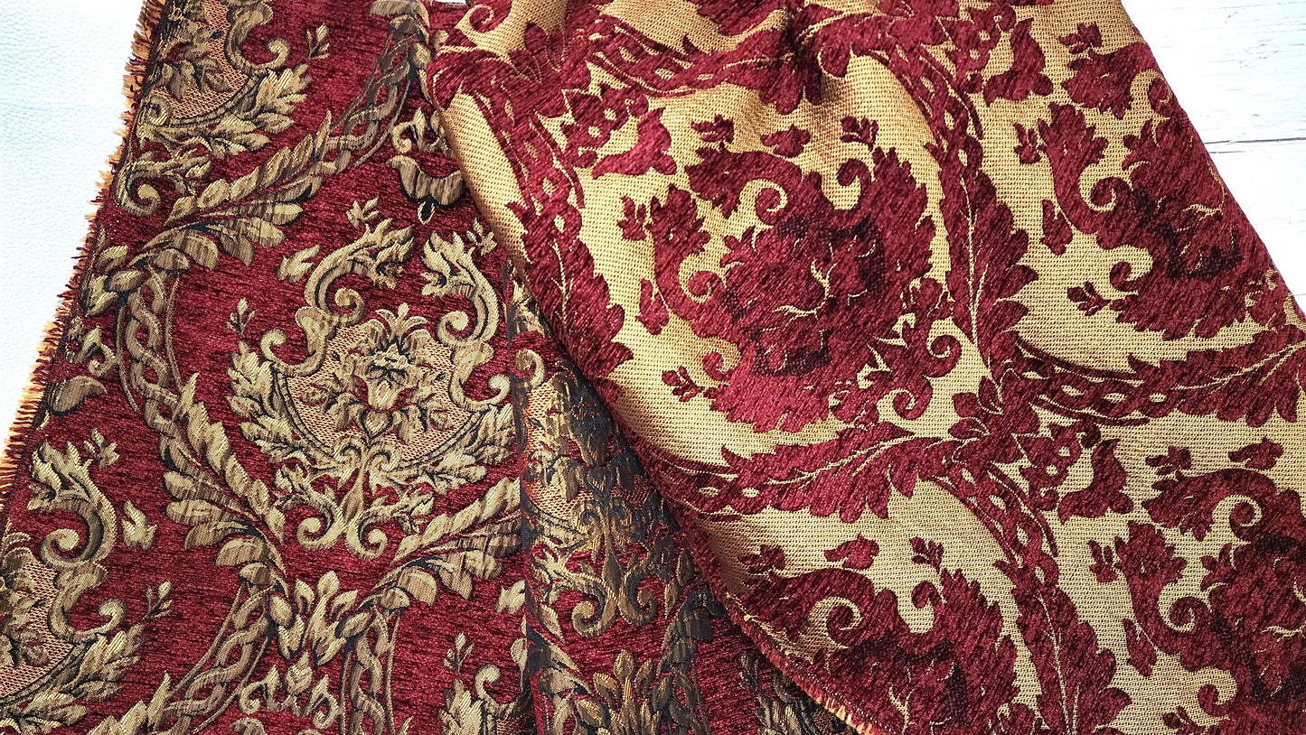 Damask tapestry chenille fabric - upholstery fabric, D. Red gold - 58" width - sold by yard in continuous yards
