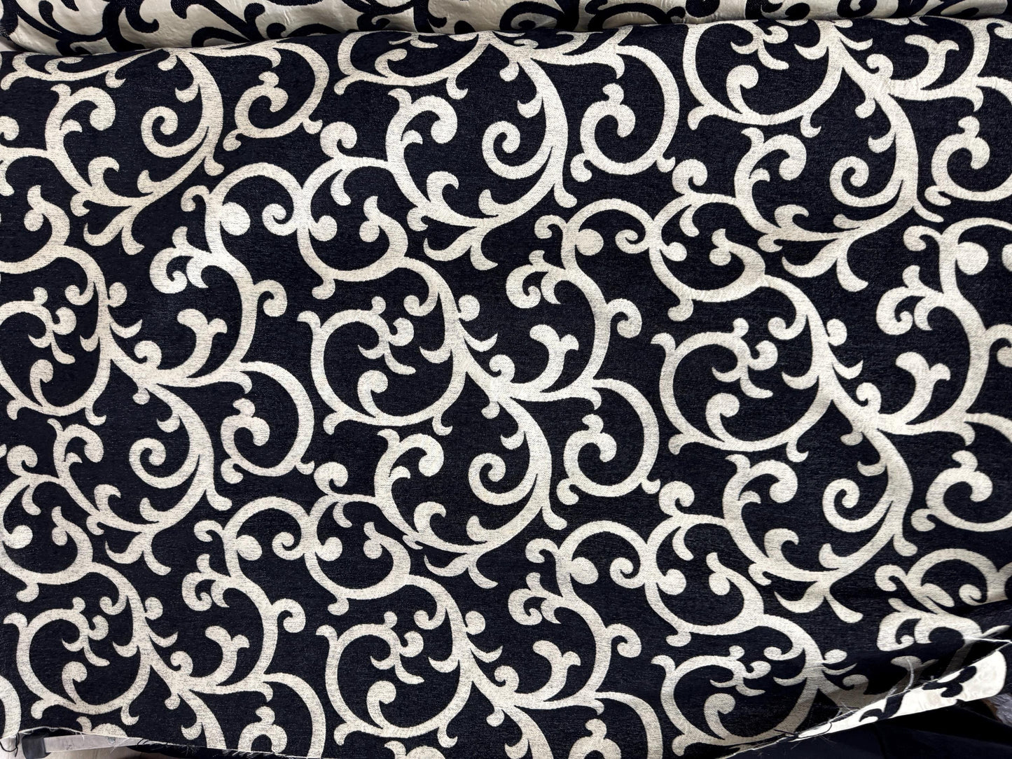 Tapestry chenille fabric Floral Leaf, upholstery fabric, Black/cream, reversible, - 56" width - sold by yard in continuous yards