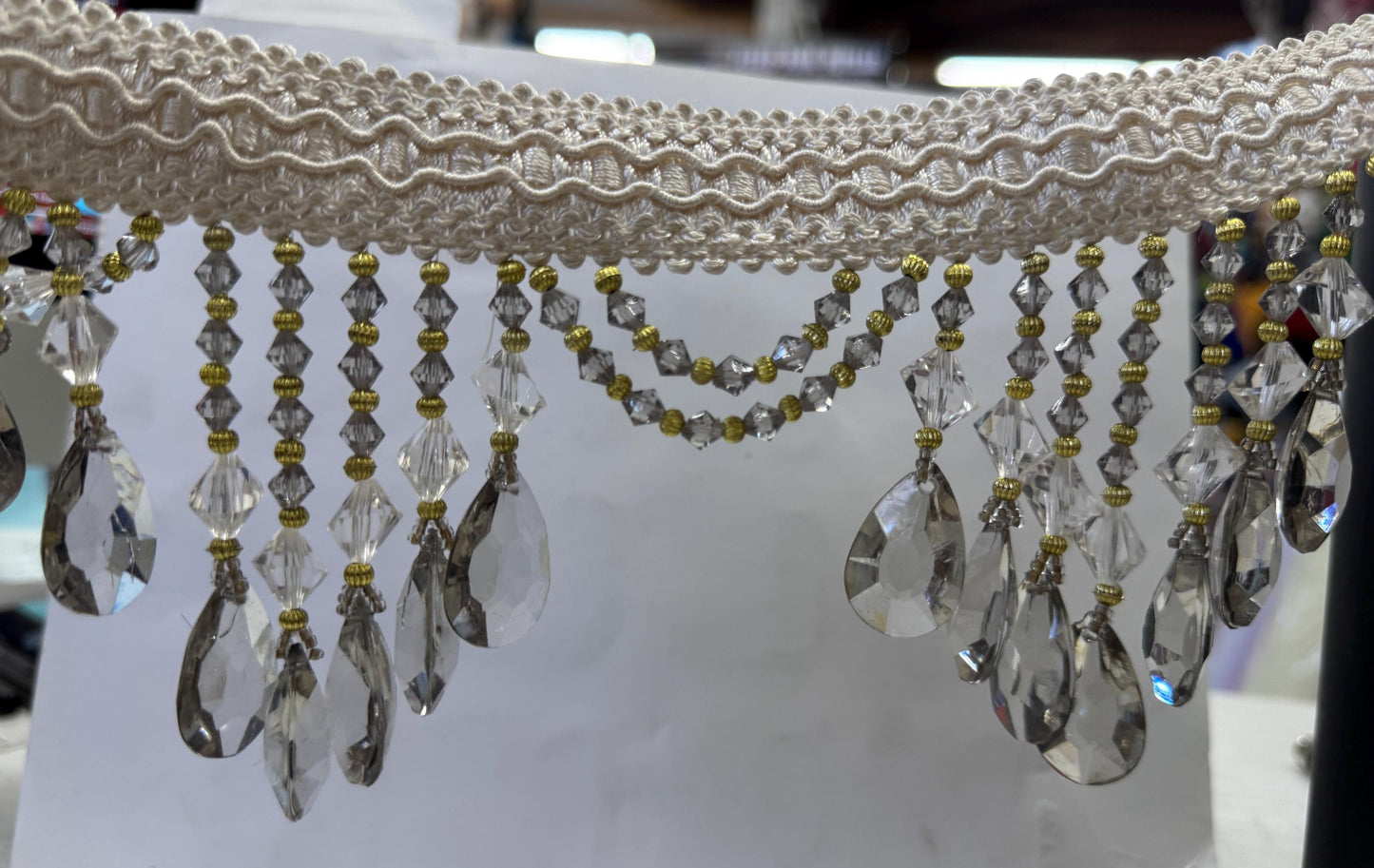 Beaded Trim Fringe 4'' L, W/Gimp Top Sold by The Yard - smoke Silver/ivory color,  Brand: ad fabric