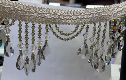 Beaded Trim Fringe 4'' L, W/Gimp Top Sold by The Yard - smoke Silver/ivory color,  Brand: ad fabric