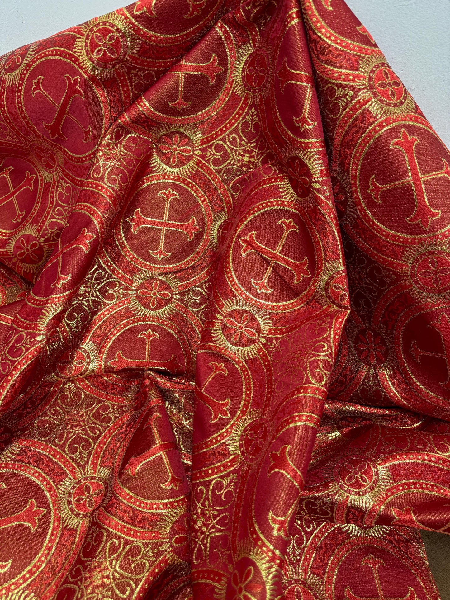 Liturgical Brocade,Church Gorgeous Cross acetatebrocade Fabric Cross Brocade Red/Gold  52" Wide